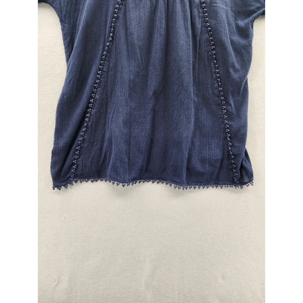 J.Crew Womens Navy Blue Gauze Cotton Pom Pom Boho Peasant Top‎ Blouse Medium